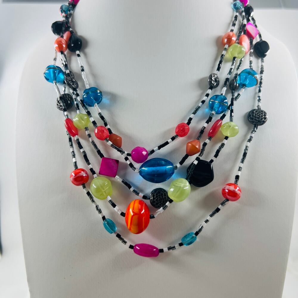 Chico's Layered Multicolor Glass & Shell Beaded Statement Necklace Boho